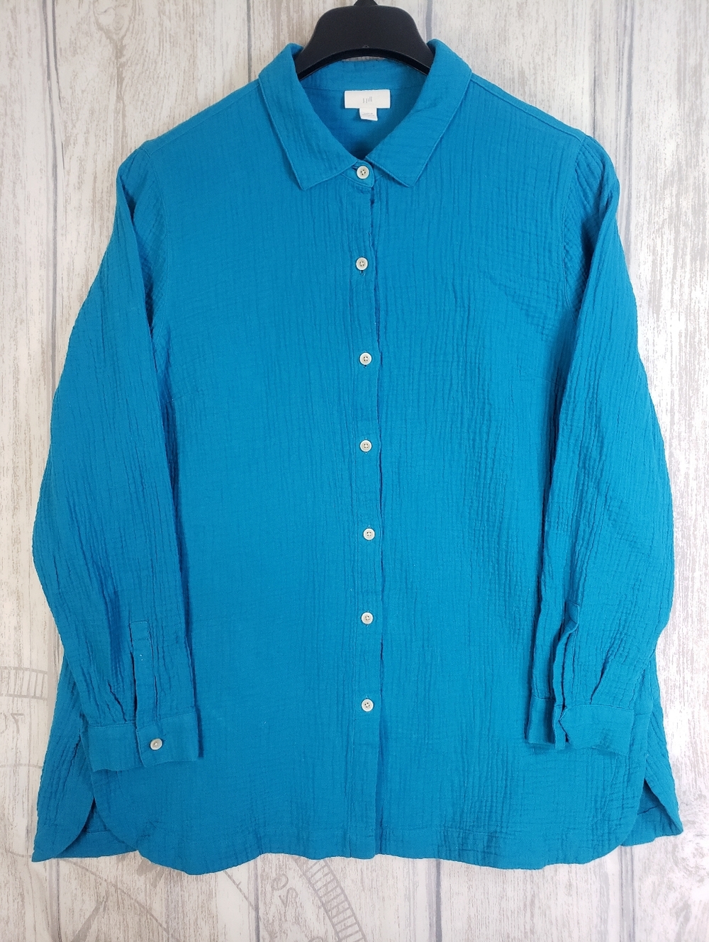 J Jill Island Blue Button-Up Crinkled Cotton Gauzy Tunic Top Blouse Sz Large